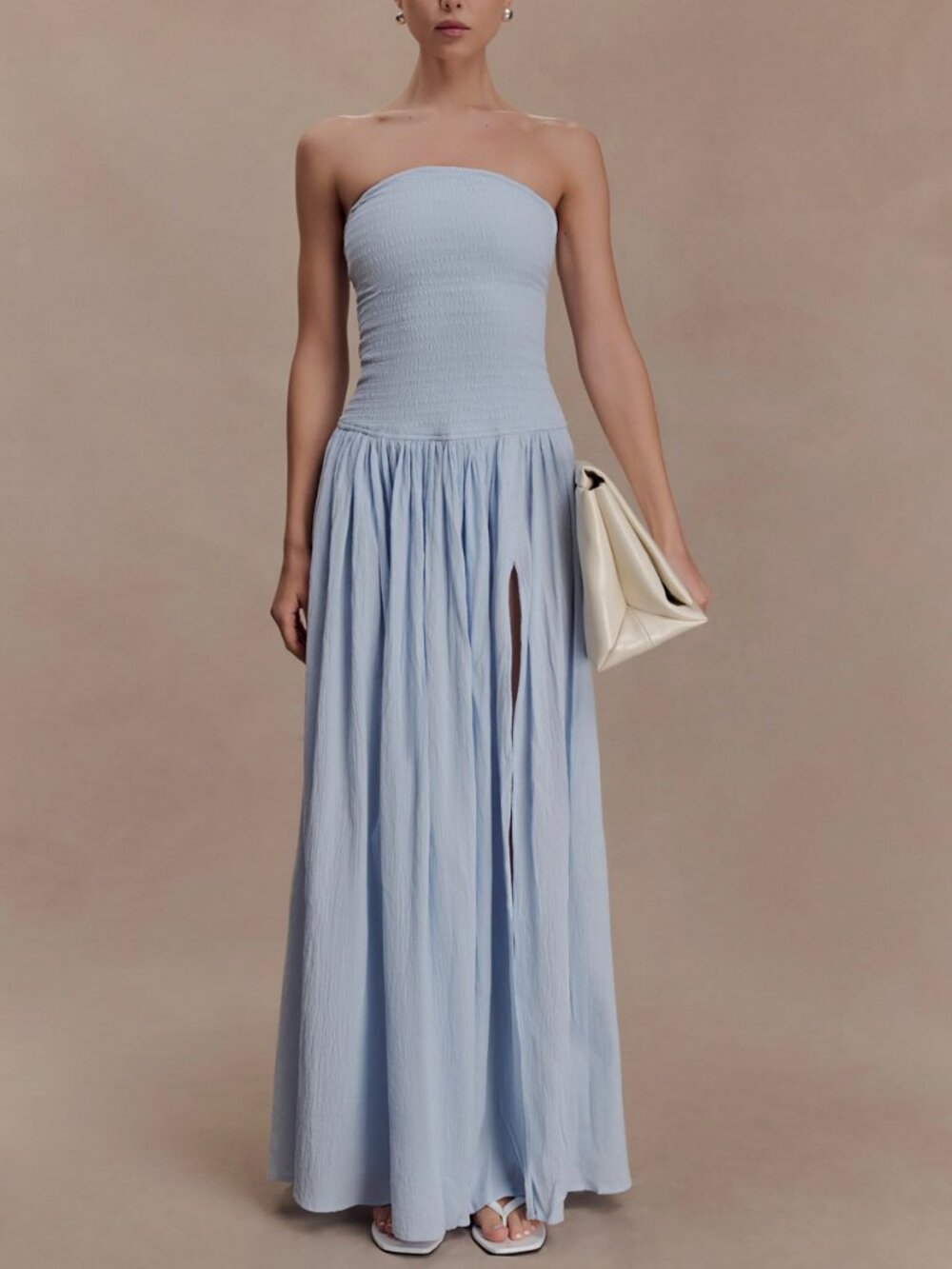 NWT Meshki Maureen Cotton Shirring Maxi Dress Gown Powder Blue Cocktail - Picture 4 of 8